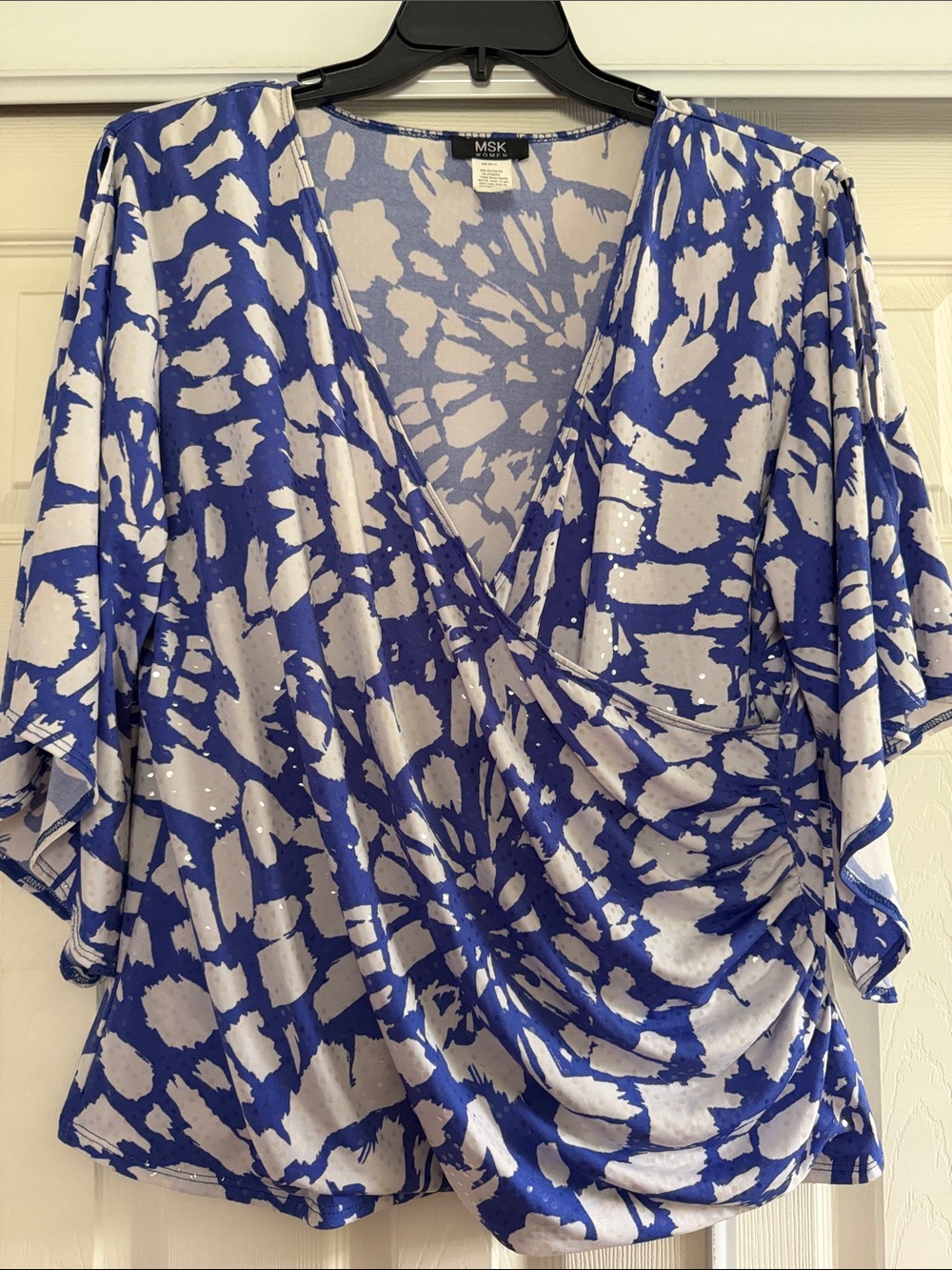 MSK Blue and White Abstract Wrap-Style Blouse